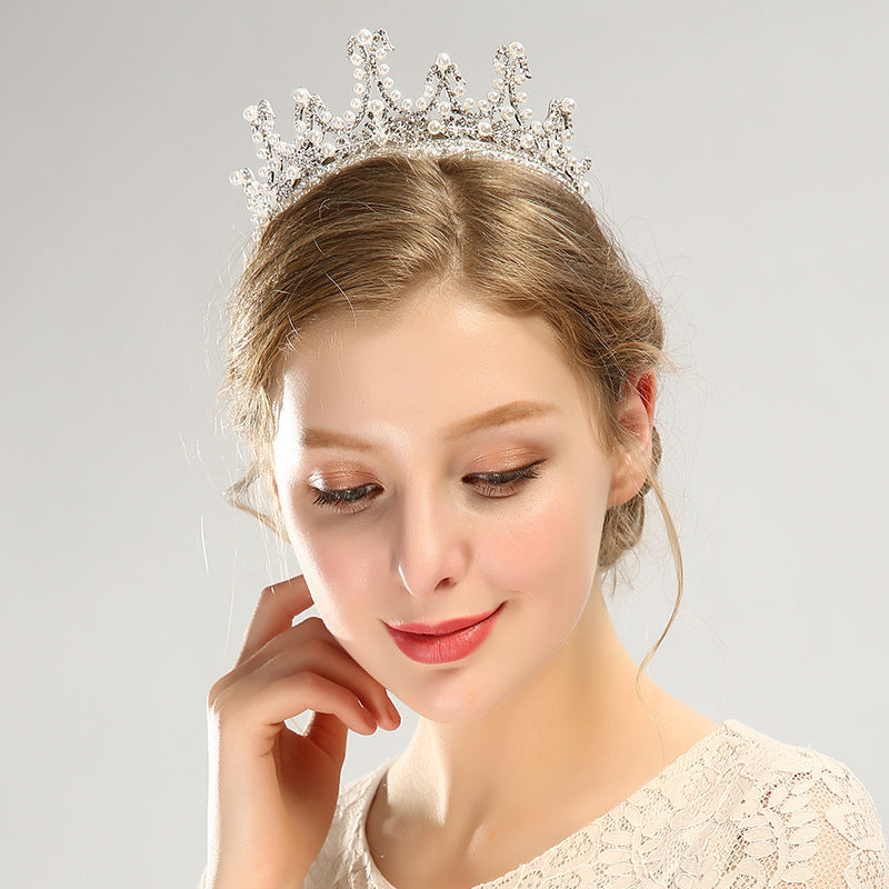HKM-569939 Bridal Pearl and Rhinestone Crystal Tiara Crown - Elegant Headpiece for Weddings and Special Occasions