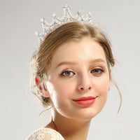HKM-569939 Bridal Pearl and Rhinestone Crystal Tiara Crown - Elegant Headpiece for Weddings and Special Occasions