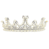 HKM-569939 Bridal Pearl and Rhinestone Crystal Tiara Crown - Elegant Headpiece for Weddings and Special Occasions