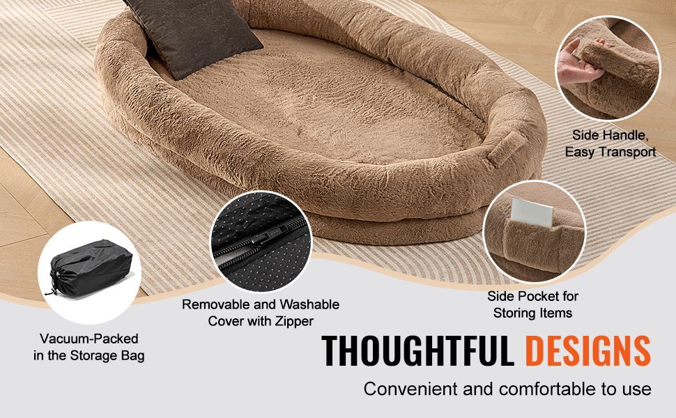 HKM-089043 Large Washable Faux Rabbit Fur Dog Bed for Humans - Cozy 72"x48"x10" Resting Space with Side Pockets and Non-Slip Base