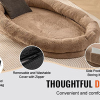 HKM-089043 Large Washable Faux Rabbit Fur Dog Bed for Humans - Cozy 72"x48"x10" Resting Space with Side Pockets and Non-Slip Base