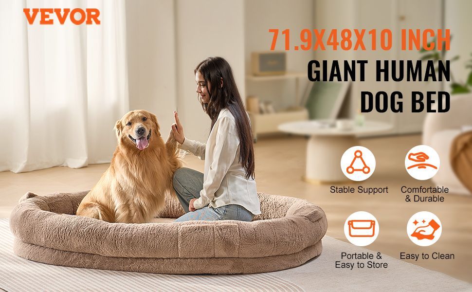 HKM-089043 Large Washable Faux Rabbit Fur Dog Bed for Humans - Cozy 72"x48"x10" Resting Space with Side Pockets and Non-Slip Base