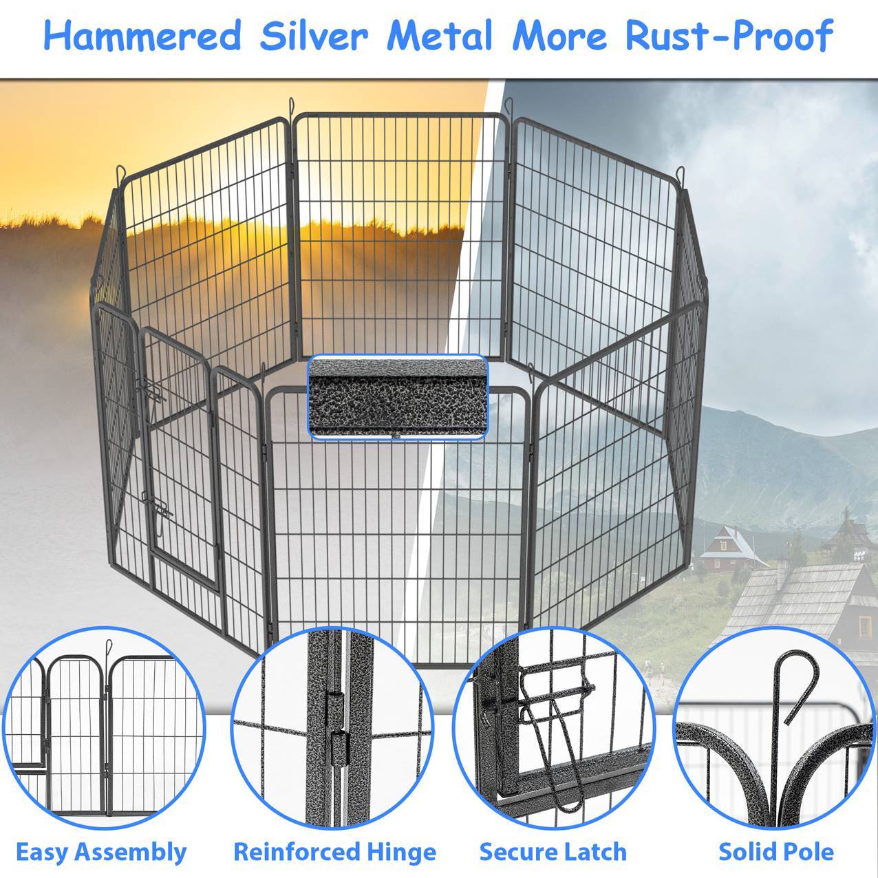 HKM-353811 Large Dog Playpen - Indoor and Outdoor Heavy Duty Metal Fence for Safe Pet Exercise and Rest