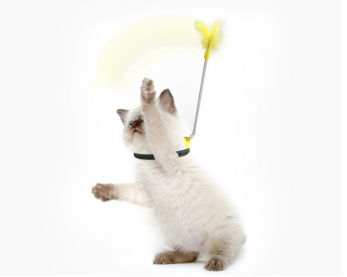 HKM-193299 Self-Healing Plush Cat Teaser Collar Toy with Spring Foot - Lake Blue and Yellow
