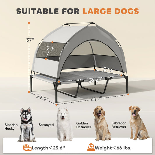 HKM-220435 Elevated Dog Bed with Removable Canopy and Cooling Pad, Portable Raised Pet Cot with Storage Bag, 42 x 30 x 37 inches