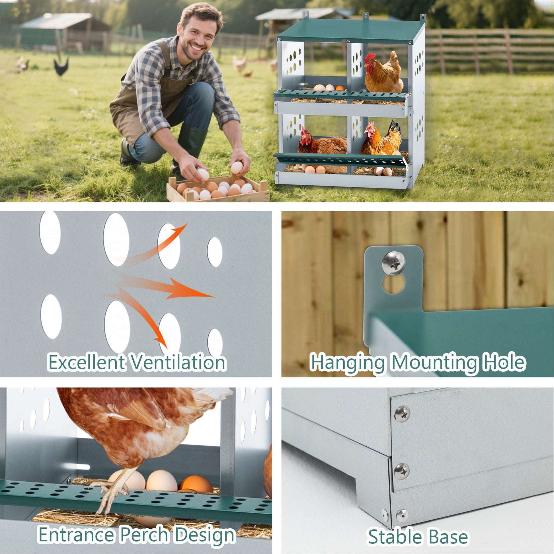 HKM-219283 4 Compartment Metal Nesting Box for Chickens - Galvanized Steel Wall-Mount Egg Laying Coop