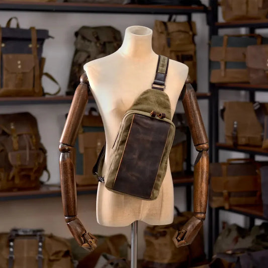 HKM-255059 Casual Waterproof Chest Bag in Batik Canvas and Cowhide for Outdoor Travel