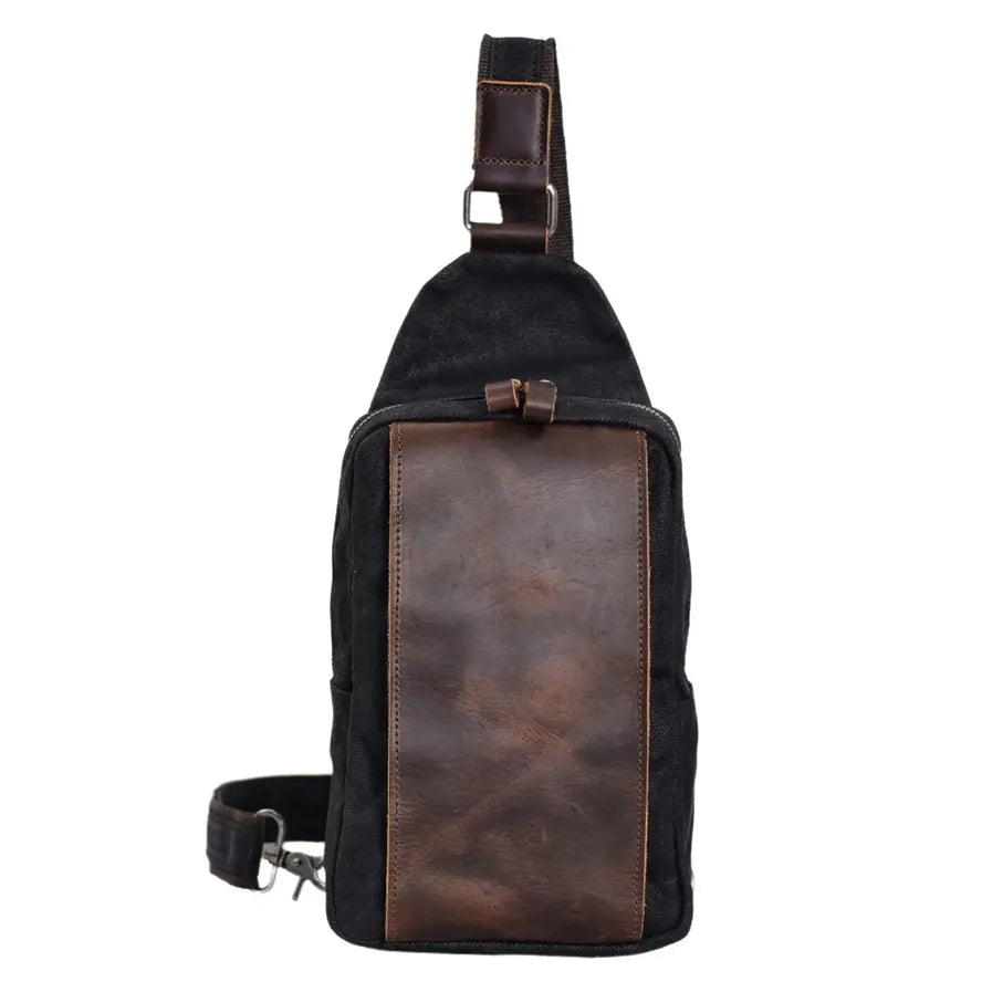 HKM-255059 Casual Waterproof Chest Bag in Batik Canvas and Cowhide for Outdoor Travel