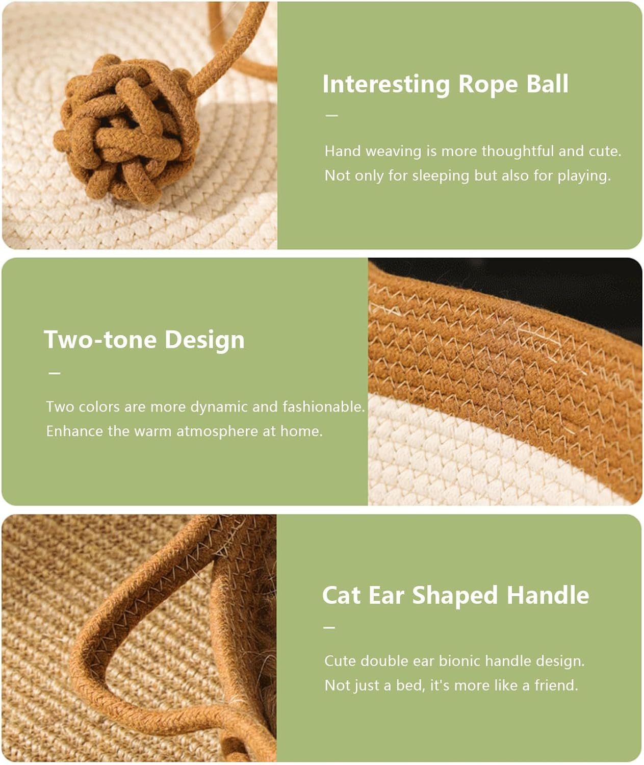 HKM-170899 Hand Woven Cat Bed with Toy Tail - Natural Cotton Linen Kitten House and Scratch Pad for Small Breeds, Breathable and Durable