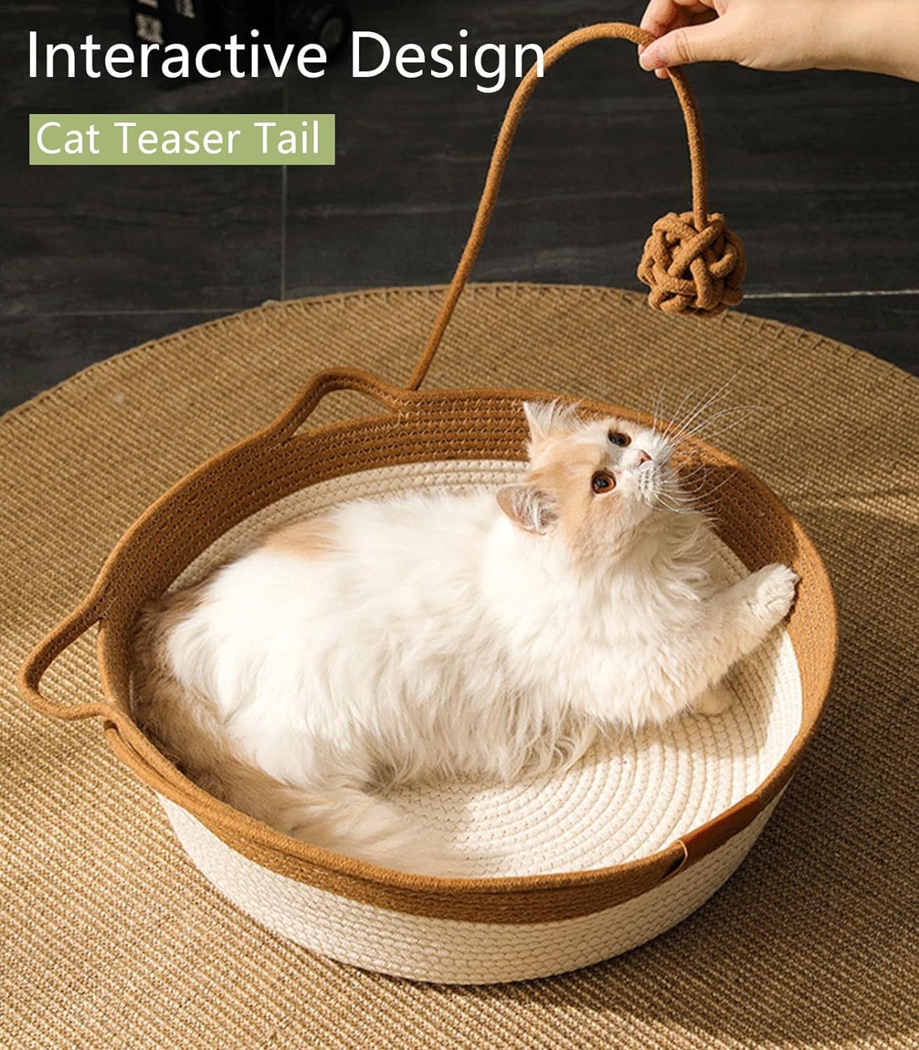 HKM-170899 Hand Woven Cat Bed with Toy Tail - Natural Cotton Linen Kitten House and Scratch Pad for Small Breeds, Breathable and Durable