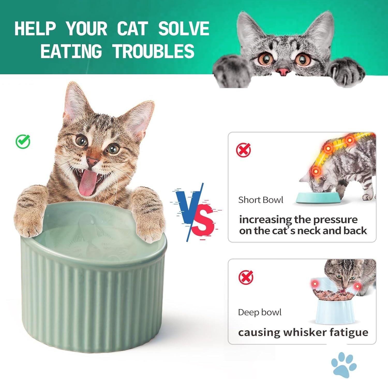HKM-809299 Elevated Ceramic Cat Bowl Set - Whisker-Friendly, Anti-Vomit Design for Food and Water, Ideal forIndoor Cats and Puppies