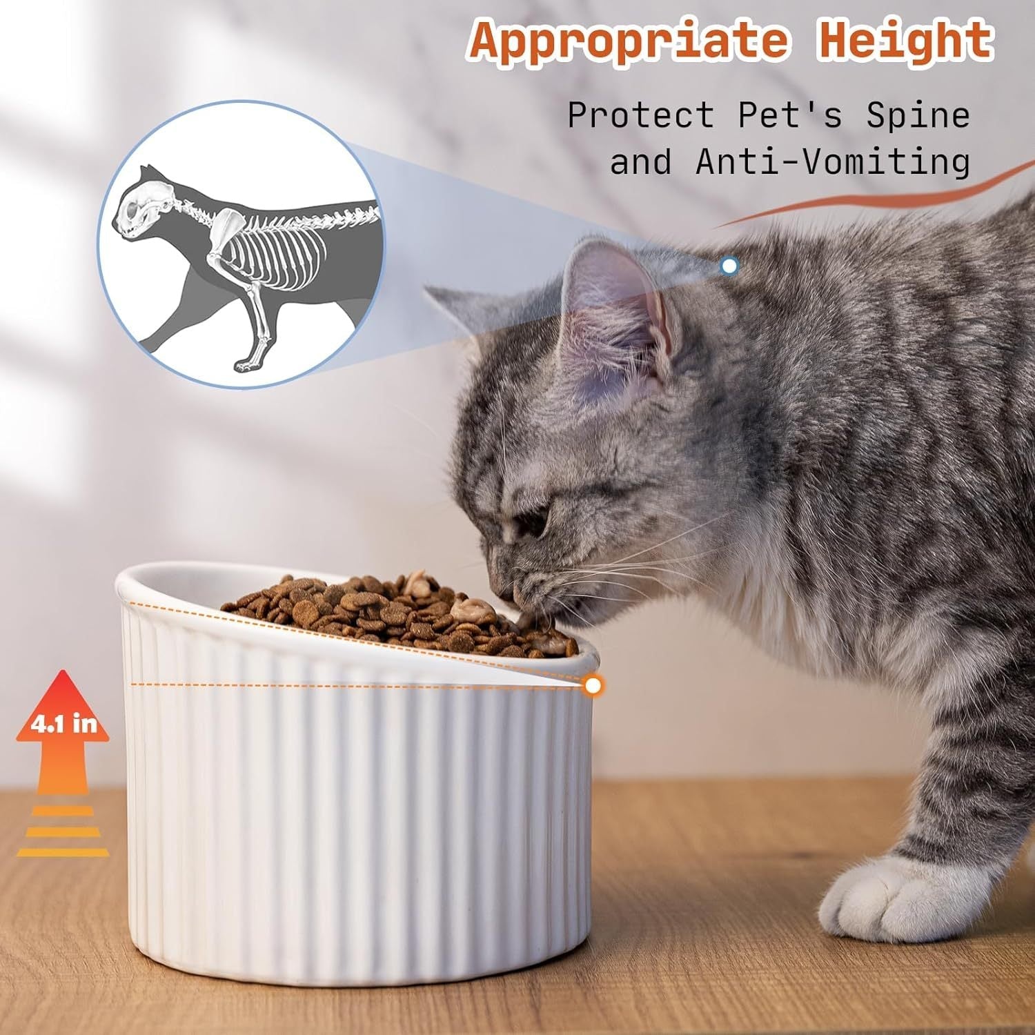 HKM-809299 Elevated Ceramic Cat Bowl Set - Whisker-Friendly, Anti-Vomit Design for Food and Water, Ideal forIndoor Cats and Puppies