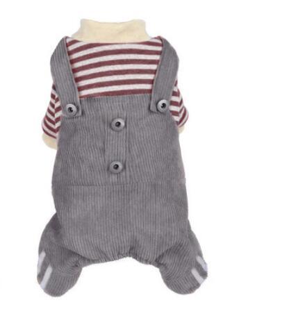 HKM-573395 Khaki and Wine Red Striped Corduroy Four-Legged Dog Outfit for Autumn and Winter