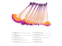 HKM-689299 Gold and Purple Gradient Fan Brush Set with Nylon Hair – 10 Makeup Brushes