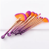 HKM-689299 Gold and Purple Gradient Fan Brush Set with Nylon Hair – 10 Makeup Brushes