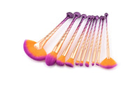 HKM-689299 Gold and Purple Gradient Fan Brush Set with Nylon Hair – 10 Makeup Brushes