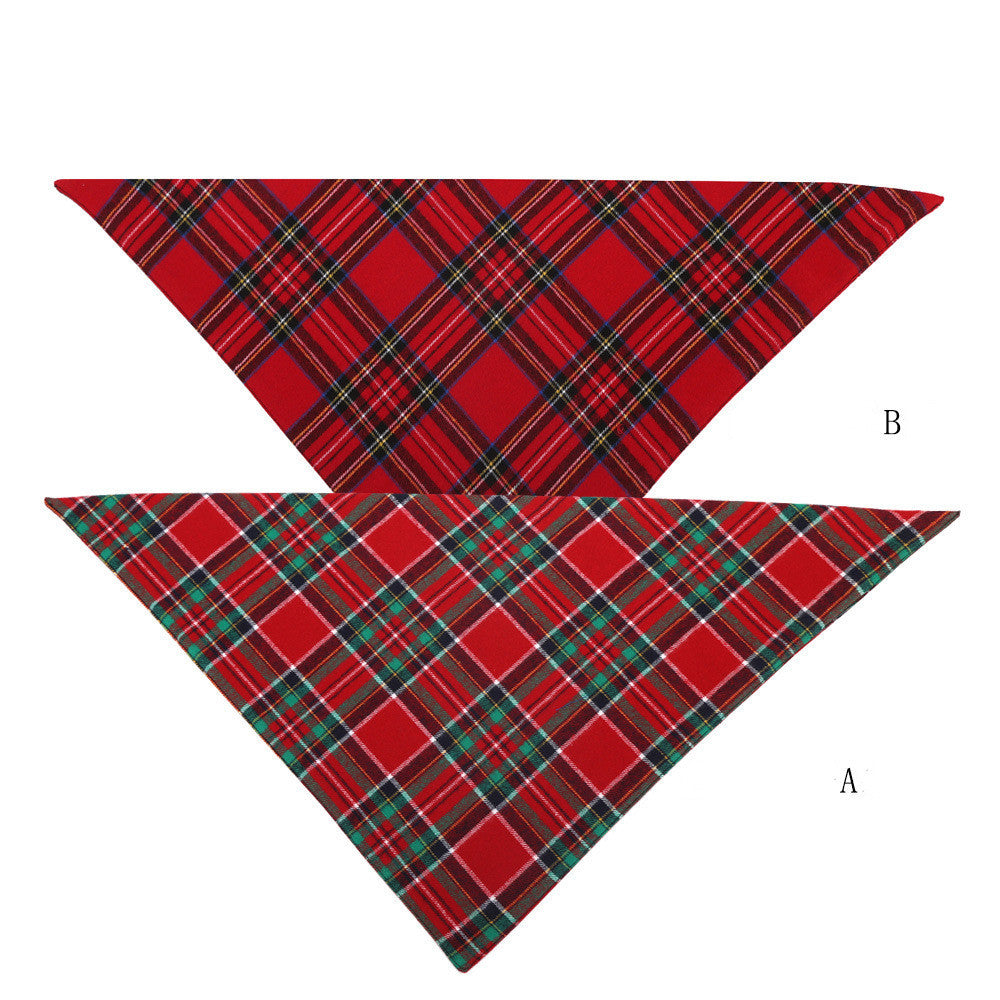 HKM-537491 Double Cotton Plaid Triangle Scarf for Pets - Warm Red and Green Bib for Dogs and Cats