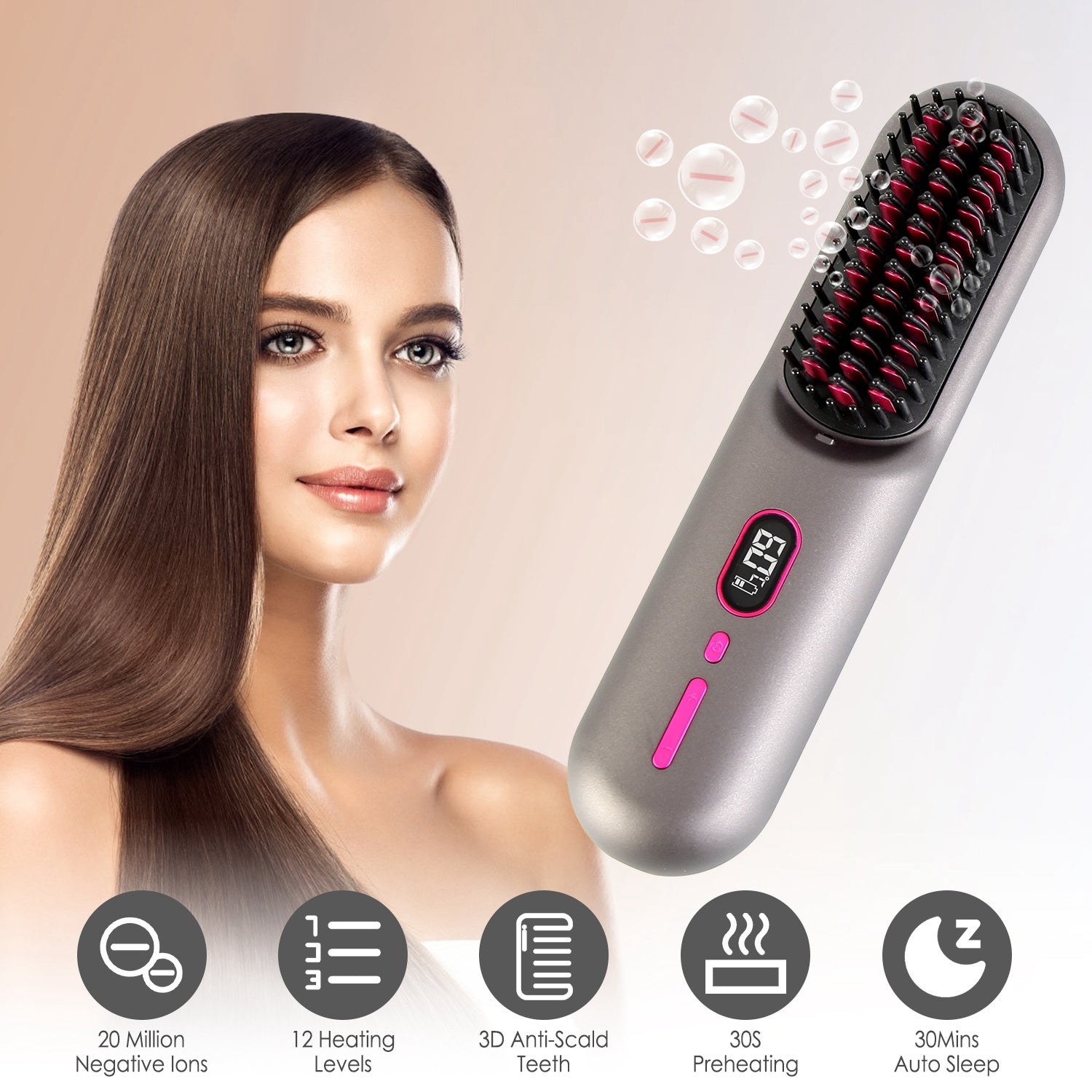 HKM-354067 Cordless Mini Hair Straightener Brush with 12 Heating Levels, Anti-Scald Design, and 30Mins Auto Sleep