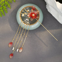 HKM-522515 Vintage Flower Tassel Hairpin with Imitation Jade and Inlaid Pearls