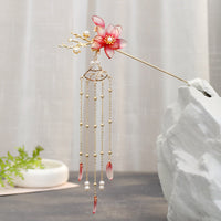 HKM-522515 Vintage Flower Tassel Hairpin with Imitation Jade and Inlaid Pearls