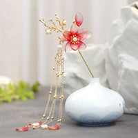 HKM-522515 Vintage Flower Tassel Hairpin with Imitation Jade and Inlaid Pearls