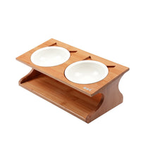 HKM-274451 Natural Solid Wood Cat Bowl with Bone China Dish Rack - Eco-Friendly Design