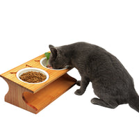 HKM-274451 Natural Solid Wood Cat Bowl with Bone China Dish Rack - Eco-Friendly Design