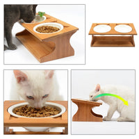 HKM-274451 Natural Solid Wood Cat Bowl with Bone China Dish Rack - Eco-Friendly Design