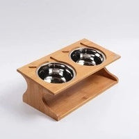 HKM-274451 Natural Solid Wood Cat Bowl with Bone China Dish Rack - Eco-Friendly Design