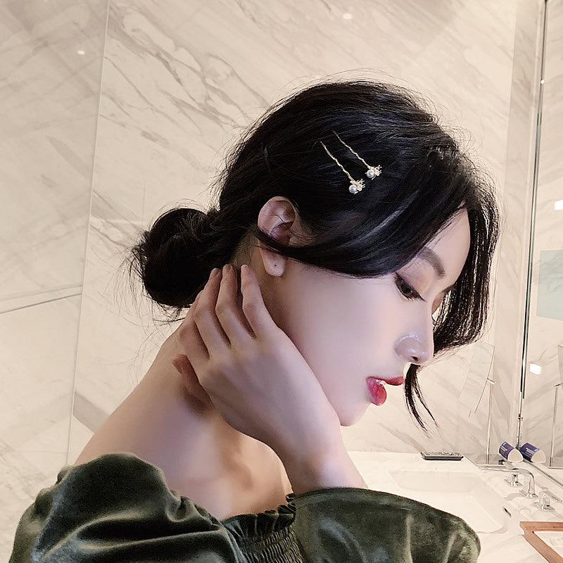 HKM-717971 Korean Style Heart-Shaped Pearl Hairpins - Gold Micro-Inlaid Word Clips