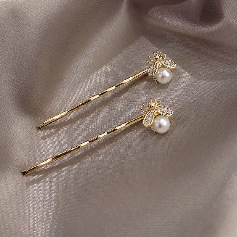 HKM-717971 Korean Style Heart-Shaped Pearl Hairpins - Gold Micro-Inlaid Word Clips