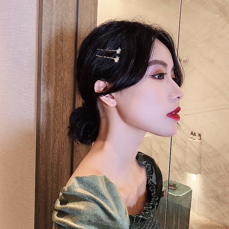 HKM-717971 Korean Style Heart-Shaped Pearl Hairpins - Gold Micro-Inlaid Word Clips