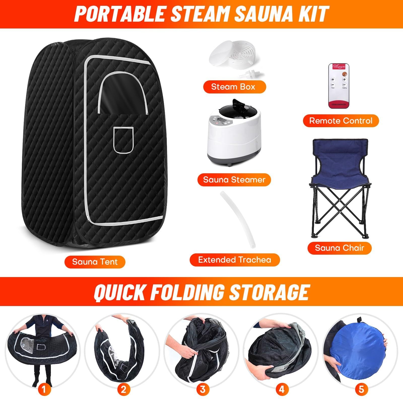 HKM-084499 Portable Full Body Steam Sauna Tent with 2.6L Steam Generator, Remote Control, and Folding Chair