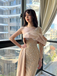 HKM-781331 Champagne Elegance Evening Gown with Stunning Detailing