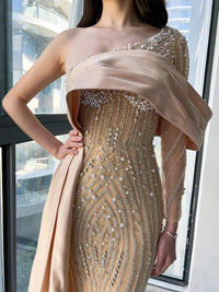 HKM-781331 Champagne Elegance Evening Gown with Stunning Detailing