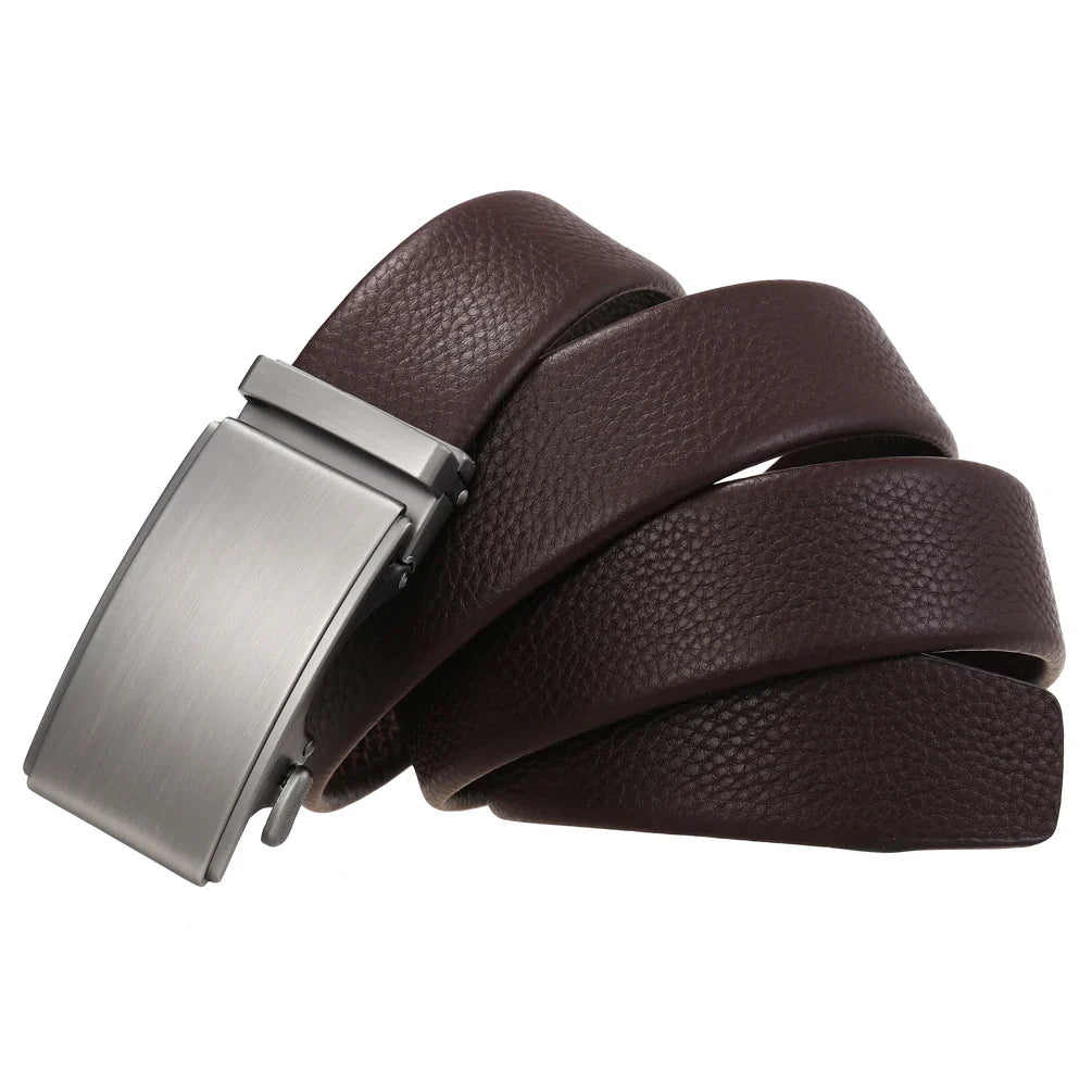 HKM-192659 Men's Automatic Buckle Belt with Zinc Alloy Buckle and First Layer Cowhide Leather