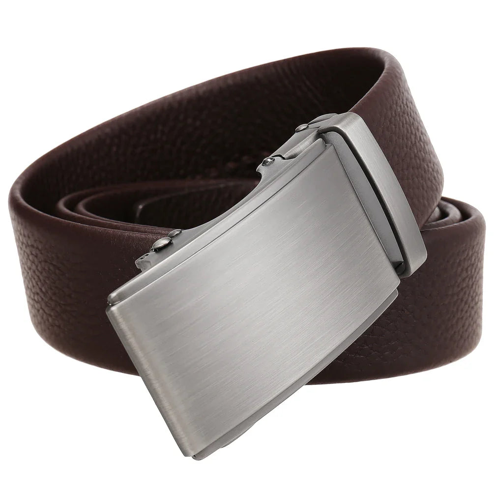 HKM-192659 Men's Automatic Buckle Belt with Zinc Alloy Buckle and First Layer Cowhide Leather