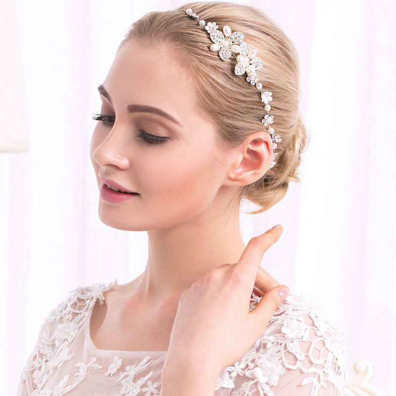 HKM-507859 Handmade Pearl Headband with Plaid Design for Women in White Color