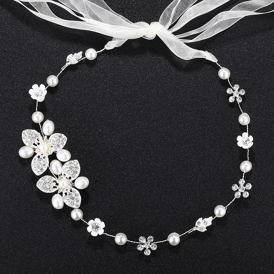 HKM-507859 Handmade Pearl Headband with Plaid Design for Women in White Color