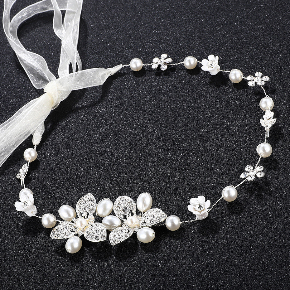 HKM-507859 Handmade Pearl Headband with Plaid Design for Women in White Color