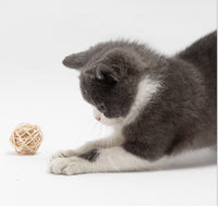 HKM-641683 Plant Straw Braided Bell and Double Ball Set for Cats - Natural Rattan with Feathers and Metal Bells