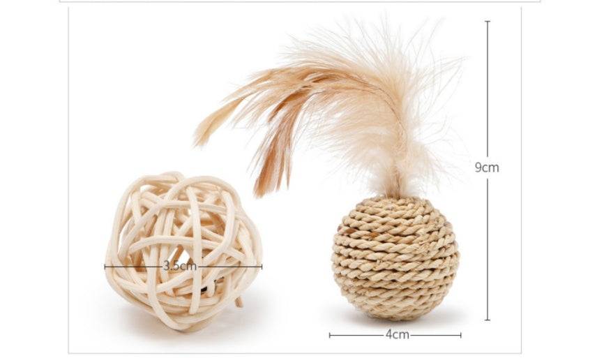 HKM-641683 Plant Straw Braided Bell and Double Ball Set for Cats - Natural Rattan with Feathers and Metal Bells