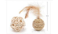 HKM-641683 Plant Straw Braided Bell and Double Ball Set for Cats - Natural Rattan with Feathers and Metal Bells