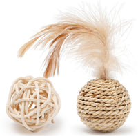 HKM-641683 Plant Straw Braided Bell and Double Ball Set for Cats - Natural Rattan with Feathers and Metal Bells