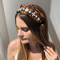 HKM-441171 Retro Style Imitation Pearl Press Hair Headband for Women, Fabric and Alloy, Available in Brown and Gray