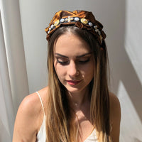 HKM-441171 Retro Style Imitation Pearl Press Hair Headband for Women, Fabric and Alloy, Available in Brown and Gray
