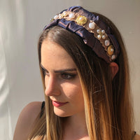 HKM-441171 Retro Style Imitation Pearl Press Hair Headband for Women, Fabric and Alloy, Available in Brown and Gray