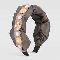 HKM-441171 Retro Style Imitation Pearl Press Hair Headband for Women, Fabric and Alloy, Available in Brown and Gray