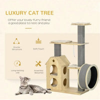 HKM-056275 Cozy Cat Tree with Double House, Running Wheel, and Plush Cushions for Cats Under 11 lbs