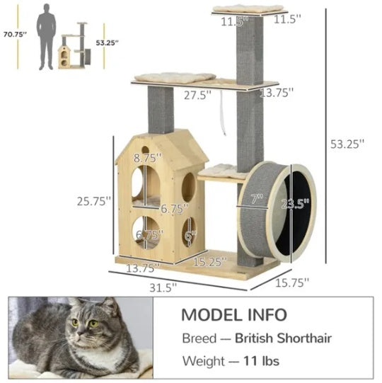 HKM-056275 Cozy Cat Tree with Double House, Running Wheel, and Plush Cushions for Cats Under 11 lbs